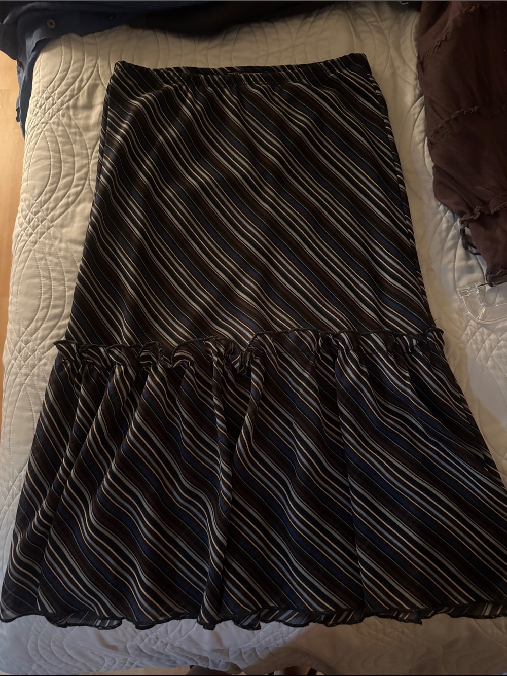 Black Striped Tiered Ruffle Maxi Skirt